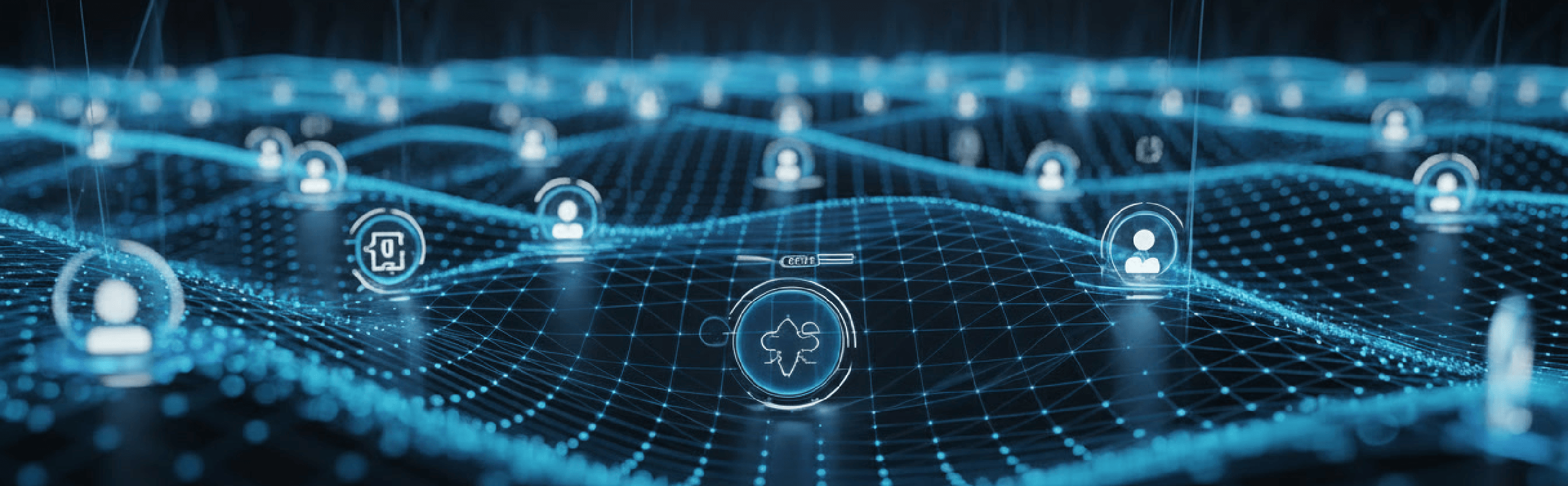 A futuristic 3D landscape of glowing blue digital waves and grid lines, featuring floating circular icons representing user profiles and data nodes, symbolizing a connected digital ecosystem.