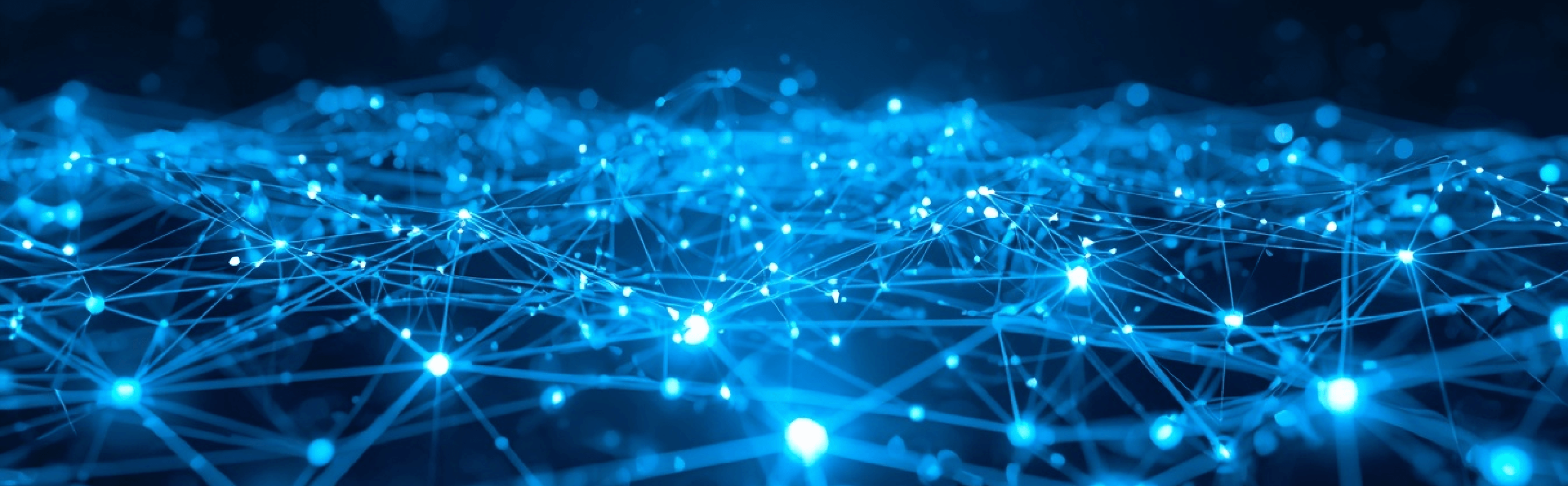 An abstract, wide-angle digital visualization of a dense neural network with glowing blue nodes connected by intricate lines of light, suggesting a vast web of data or global connectivity.