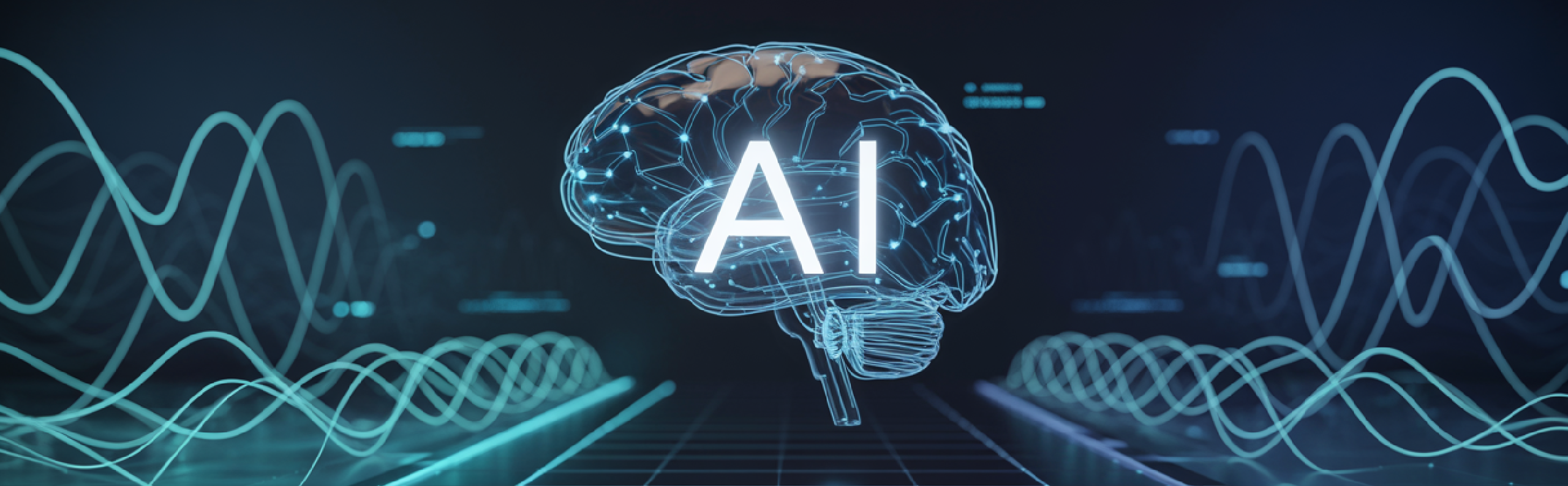 A digital illustration of a glowing, translucent human brain with the letters 