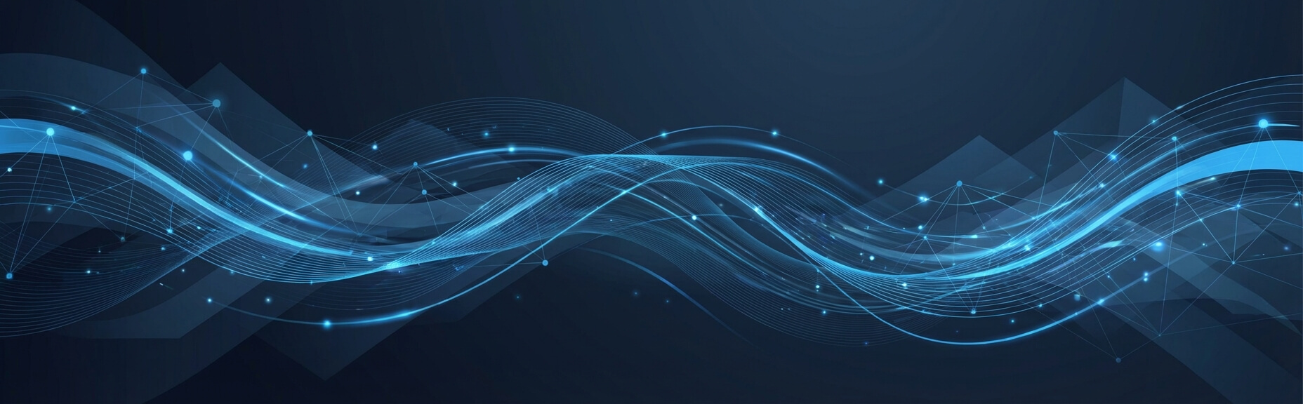 An abstract design featuring flowing blue lines and light effects against a dark background, with subtle geometric shapes and sparkles interspersed throughout.