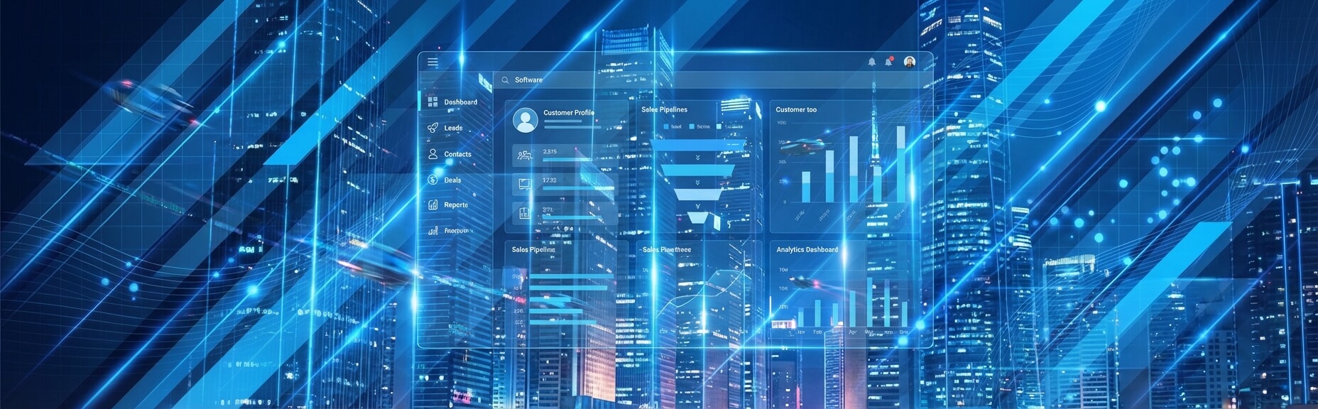 A digital interface displaying graphs and data analytics overlaid on a city skyline with blue and teal geometric patterns, representing technology and innovation.