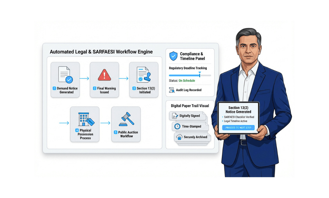An infographic illustrating an automated legal workflow engine for SARFAESI, with steps including demand notice generation, final warning issued, Section 13(2) initiated, and a compliance panel. A man in business attire holds a sign that states 