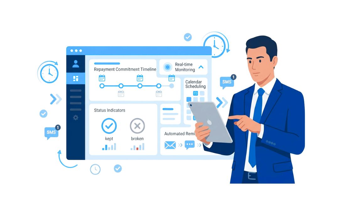 A businessman in a blue suit holding a tablet while interacting with a digital dashboard displaying various finance-related metrics, including status indicators, a timeline, and scheduling options.