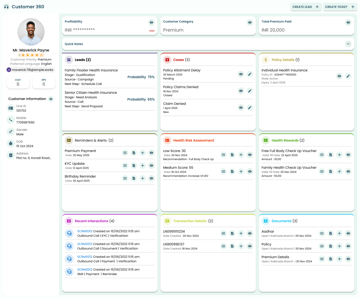 A digital dashboard displaying customer information for Mr. Maverick Payne. Sections include details on leads, cases, policy details, reminders, health risk assessment, recent interactions, transaction details, and documents.