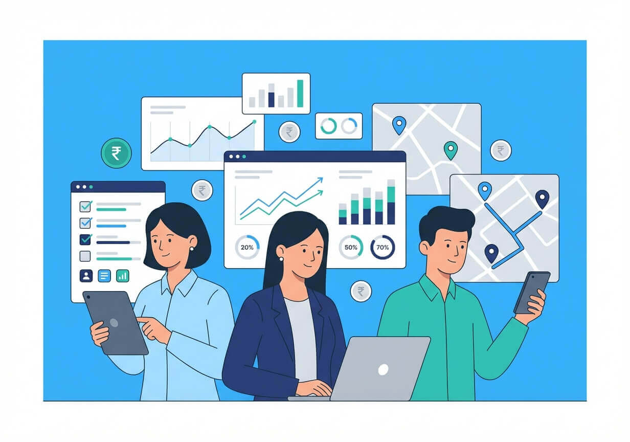 Three individuals are engaged with technology: one holds a tablet, another works on a laptop, and the third uses a smartphone. Various data visualizations and maps are displayed on screens in the background, illustrating analytics.