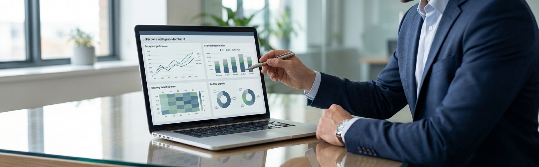 A person in a suit pointing at data visualizations on a laptop screen. The screen displays several graphs and charts, including line graphs and bar charts, reflecting performance metrics, with a modern office in the background.