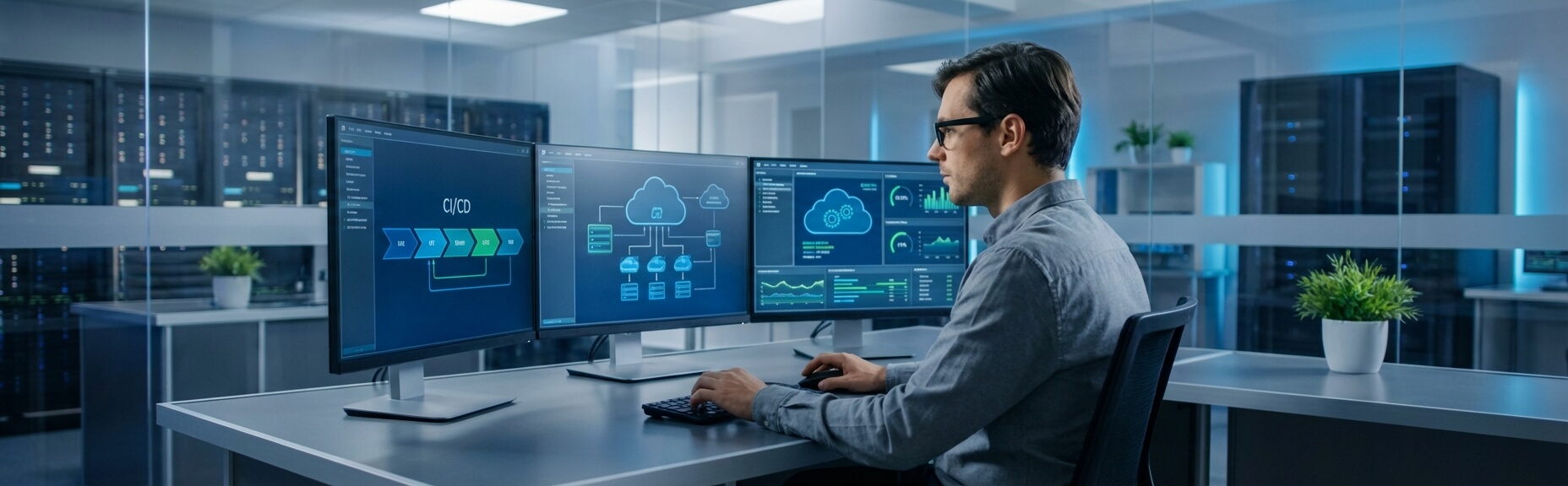 A man working at a desk with three computer monitors displaying data analytics and cloud computing graphics, in a modern office with server racks in the background.