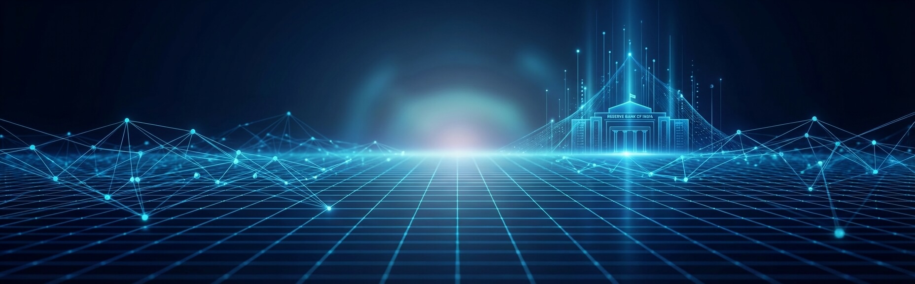 A digital landscape featuring a glowing grid, interconnected blue lines, and bright points of light against a dark background, suggesting a futuristic or technological theme.