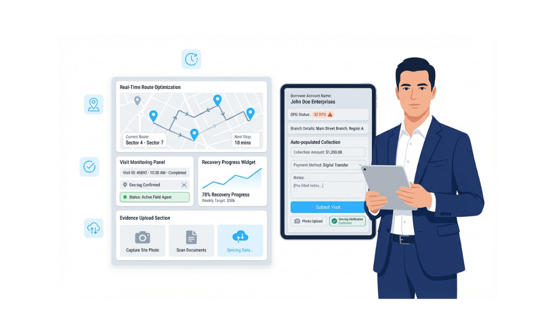 A businessman in a suit holding a tablet, with digital interface visuals including maps, progress charts, and information panels on the sides, displaying real-time optimization and recovery metrics.