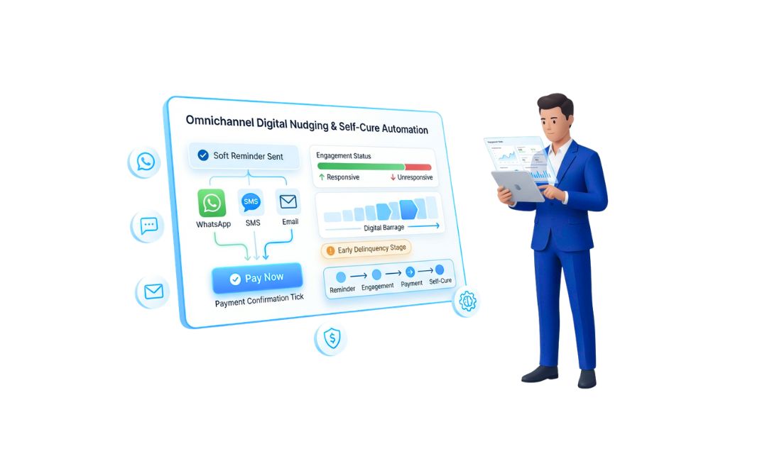 A businessman in a blue suit holding a tablet, standing beside a digital interface displaying options for digital communication and payment confirmation related to omnichannel automation.