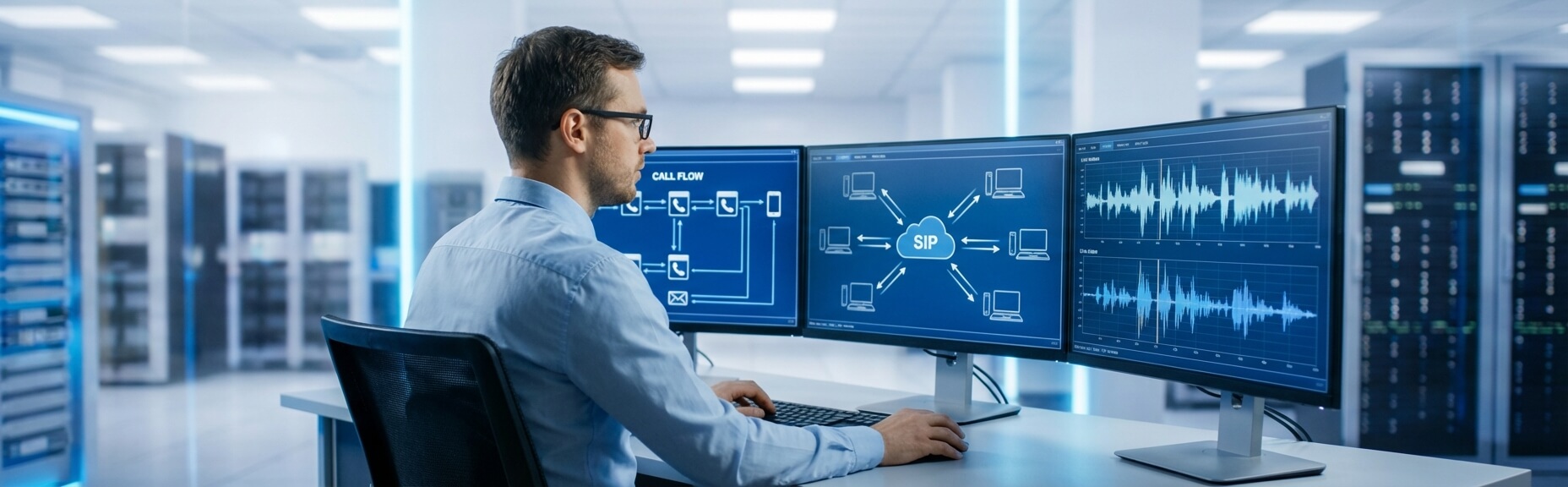 A man sitting at a desk in a modern office, working on multiple computer monitors displaying data graphs, network diagrams, and audio waveforms, with server racks visible in the background.