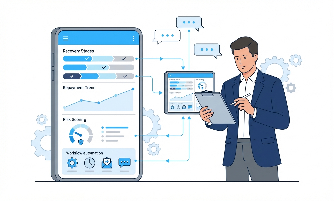 A man in a suit holds a clipboard while reviewing digital screens showing data on recovery stages, repayment trends, risk scoring, and workflow automation. Icons and speech bubbles are illustrated around the screens.