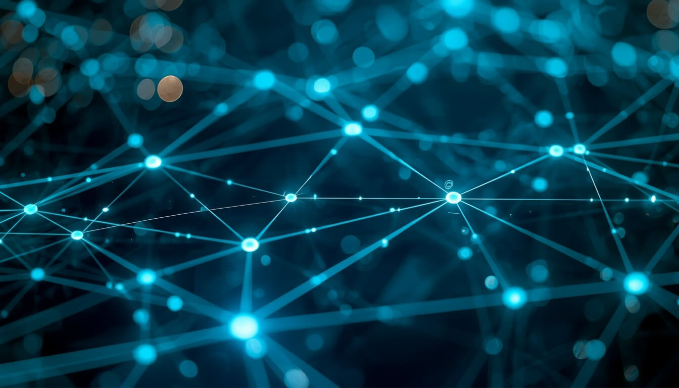 An abstract network visualization featuring interconnected lines and nodes. The nodes emit a soft blue glow, set against a dark background, suggesting a digital or technological theme. The overall composition conveys a sense of complexity and connectivity.