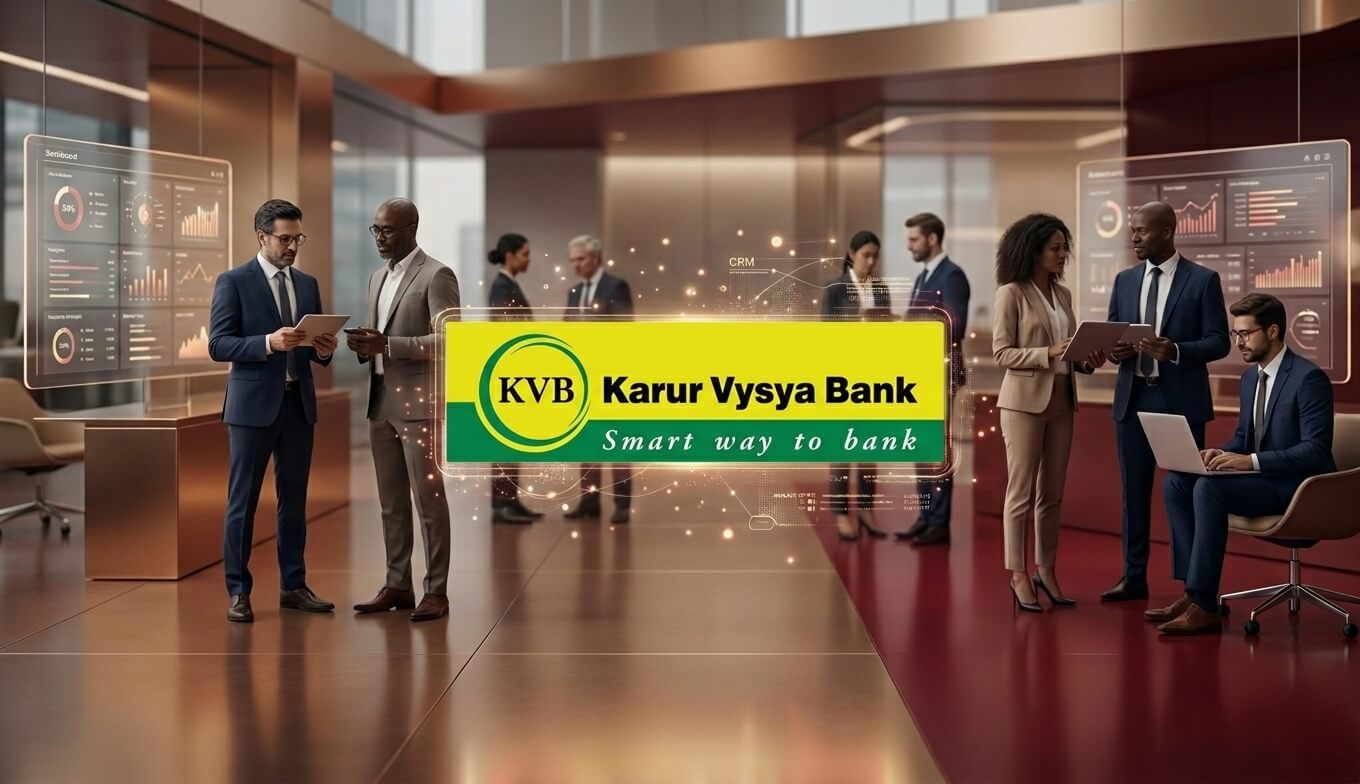 A modern office scene featuring business professionals in suits engaged in discussions and analyzing data on digital screens. The logo of Karur Vysya Bank is prominently displayed in the center, with graphs and charts in the background.