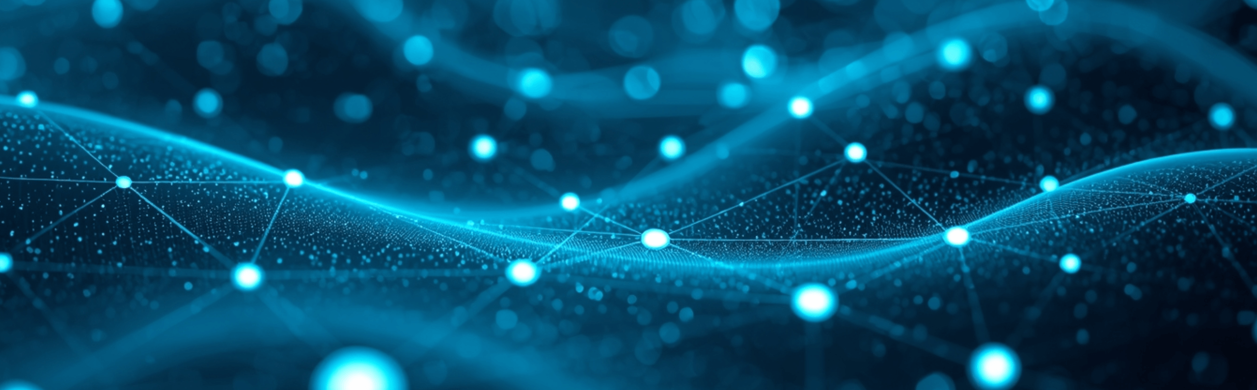 An abstract blue background featuring flowing waves and a network of glowing dots connected by lines, representing digital connectivity and data flow. The image has a smooth, gradient design with varying light intensities.
