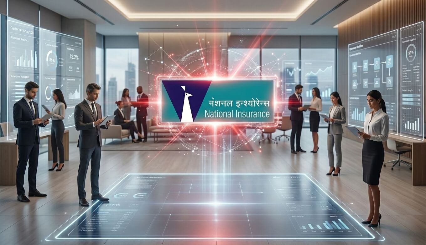 A modern office space with several professionals engaged with digital devices. A glowing graphic displaying the logo of National Insurance is centered in the foreground, surrounded by holographic data charts and statistics on screens in the background.
