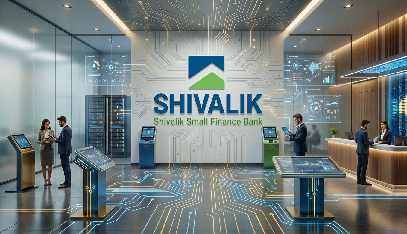 Interior of Shivalik Small Finance Bank, featuring modern design with digital displays and kiosks. The logo is prominently displayed on a wall, alongside a sleek service counter where employees assist customers in a high-tech environment.