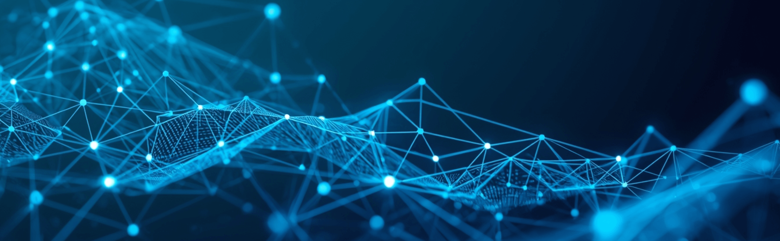 A digitally created image featuring a network of interconnected blue lines and nodes, resembling a 3D landscape. The background is a gradient from dark blue to black, enhancing the glowing effect of the nodes.