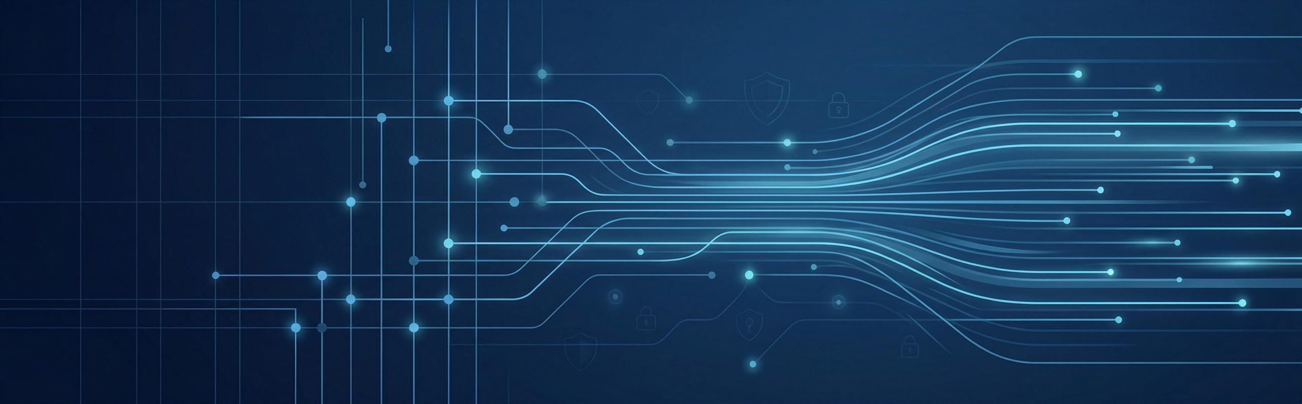 Abstract digital background featuring flowing lines and dots in shades of blue. The lines appear to connect in a network-like pattern against a dark blue backdrop, conveying a sense of technology and connectivity.