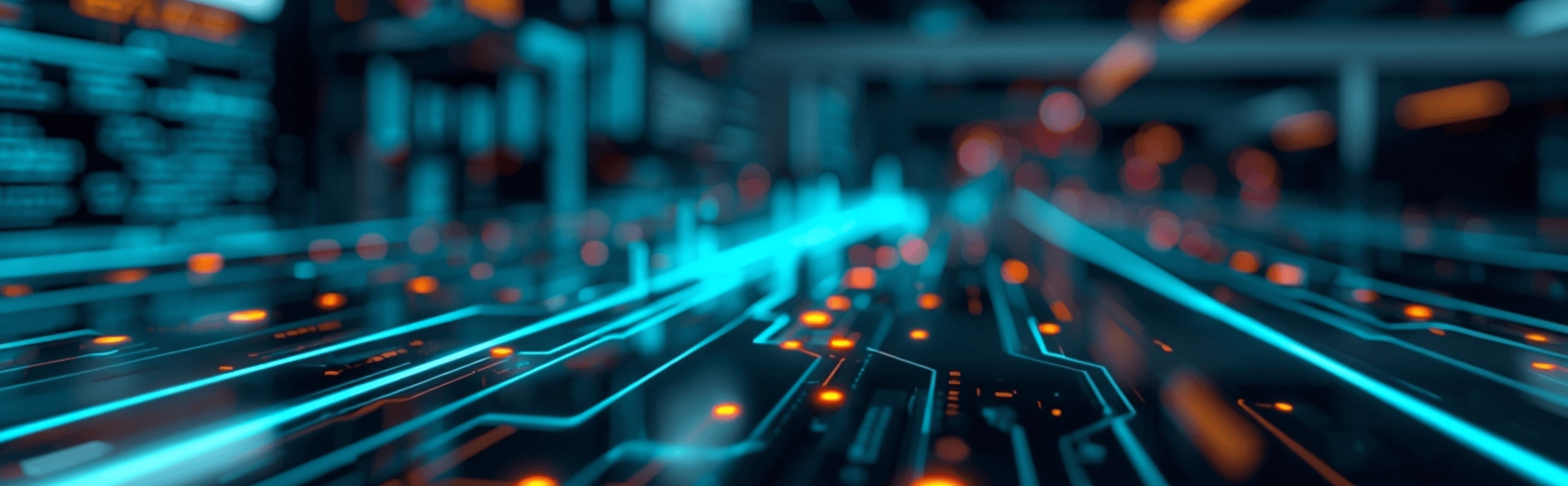 A close-up view of a circuit board with glowing blue and orange lines extending into the distance. The background features a blurred array of digital screens, creating a futuristic technological atmosphere.