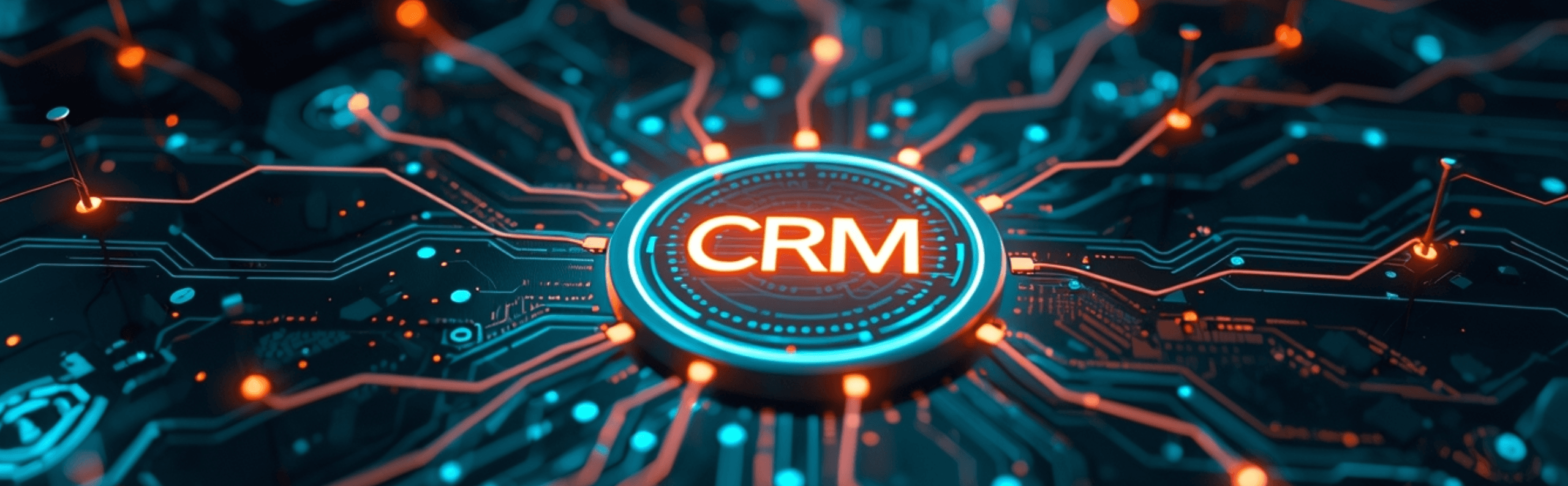 A digital network background featuring interconnected lines and nodes, with a prominent circular emblem in the center labeled 'CRM' in bright orange text. The design includes glowing blue and orange elements, suggesting a technological theme.