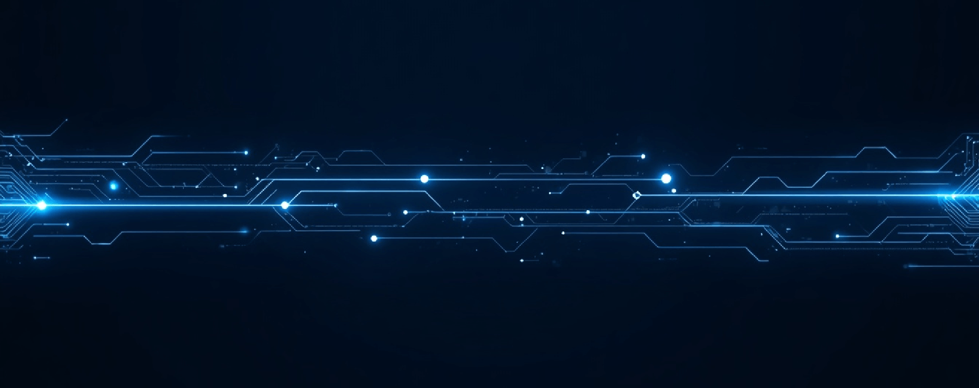 A glowing horizontal circuit board design with bright blue light pulses and data lines against a dark navy background.