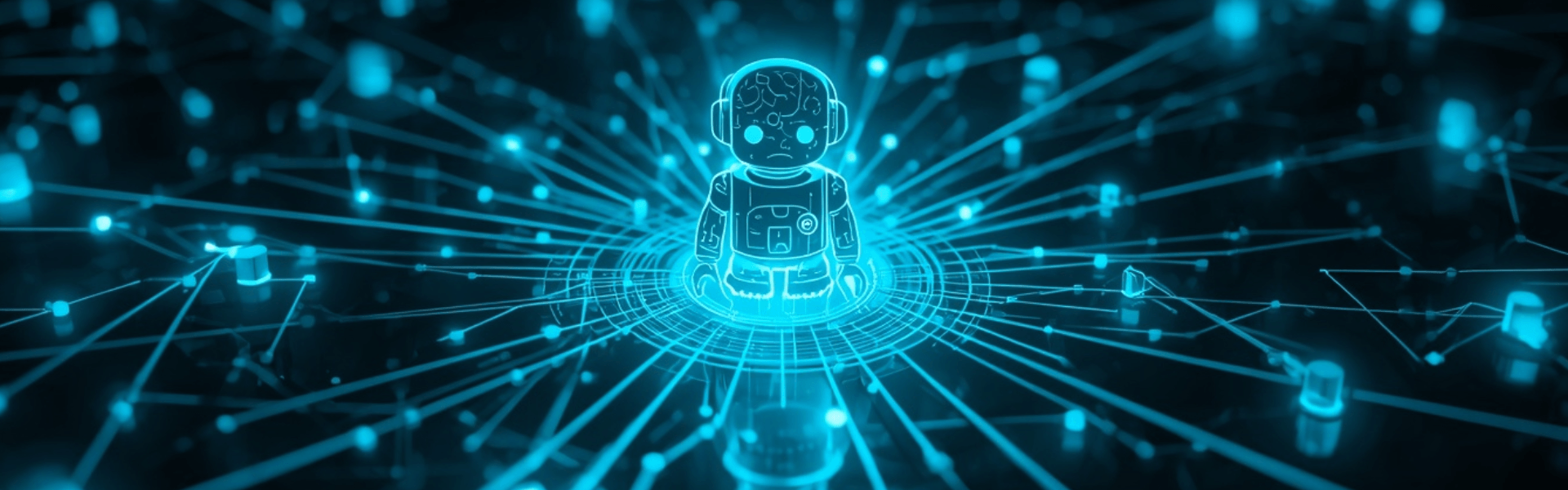 A neon blue digital illustration of a small, glowing robot centered within a complex web of interconnected nodes and data lines on a dark background.