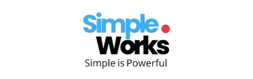 Logo featuring the words 'Simple Works' with 'Simple' in blue and a red dot, and 'Works' in black. The tagline 'Simple is Powerful' is positioned below the main text.